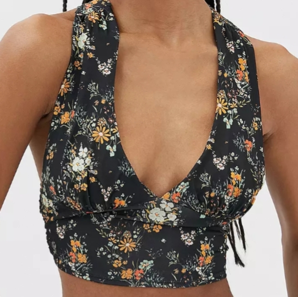 Urban Outfitters Phoenix Black Floral Satin Plunge Neck Crop Top Size XS